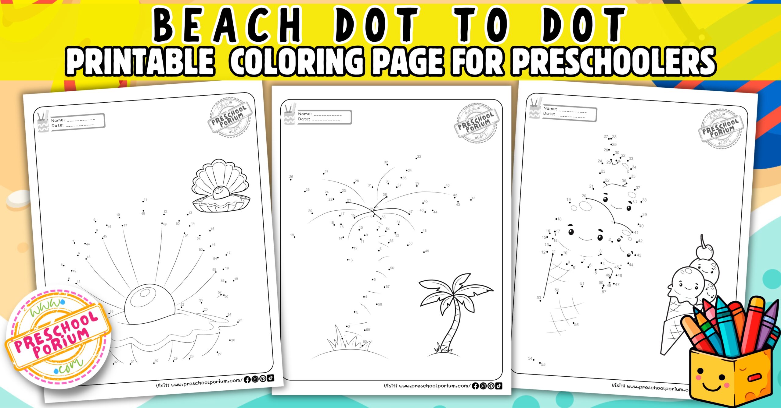 7 Interesting Beach Dot to Dot Coloring Worksheets