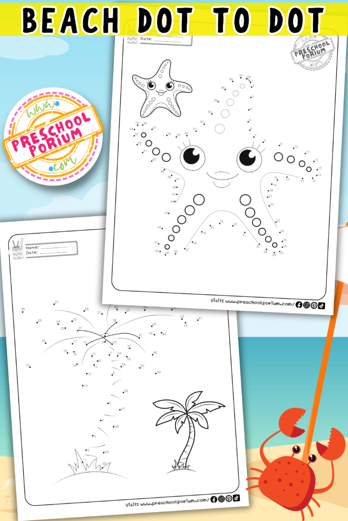 7 Interesting Beach Dot to Dot Coloring Worksheets