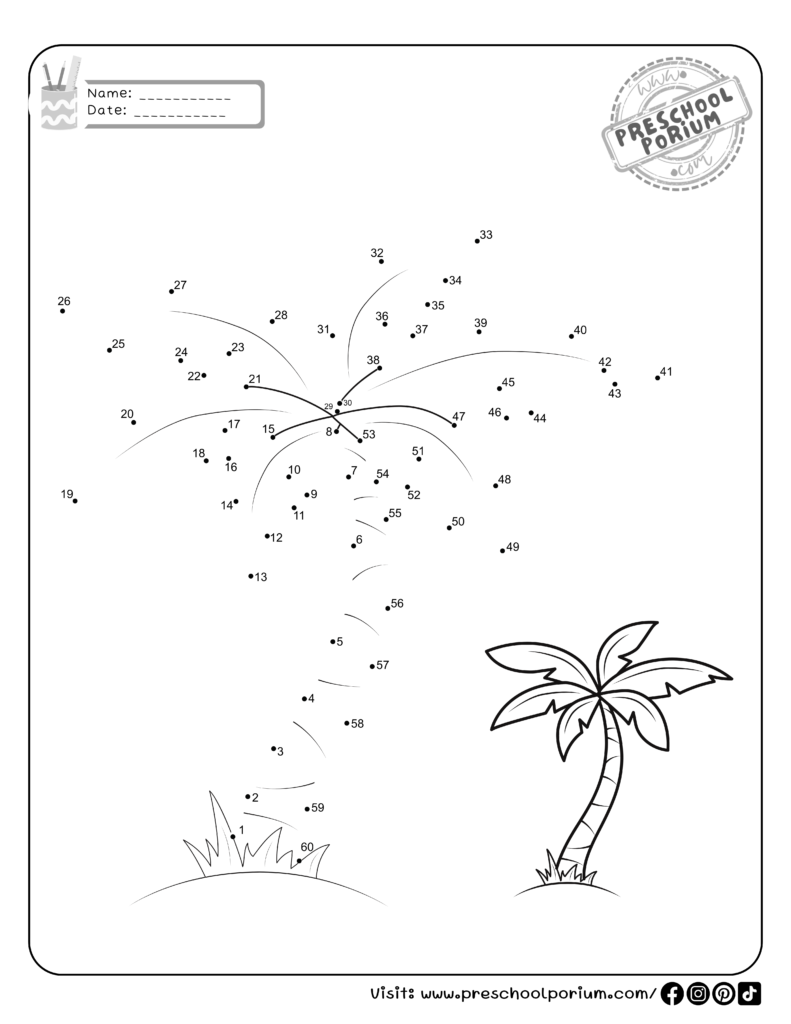 7 Interesting Beach Dot to Dot Coloring Worksheets