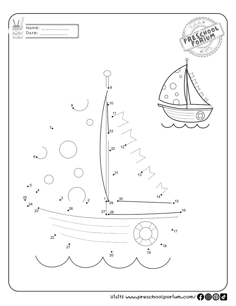 7 Interesting Beach Dot to Dot Coloring Worksheets