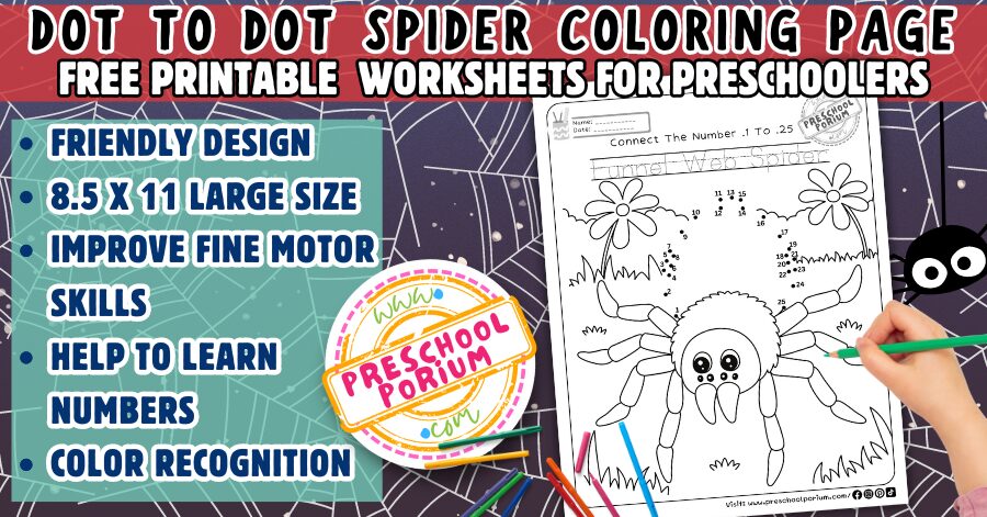 Free Spider Dot to Dot Coloring Page for Preschoolers