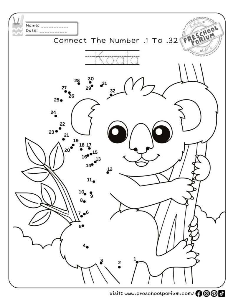 Free Koala Dot to Dot Worksheet for Preschoolers