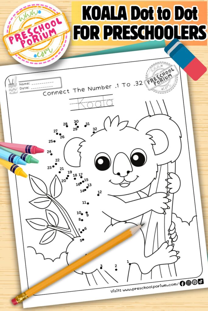 Free Koala Dot to Dot Worksheet for Preschoolers